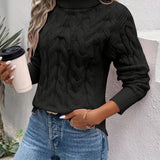 Women's Cable Knit Polo Neck Jumper with Ribbed Cuffs and Slightly Fitted Shape