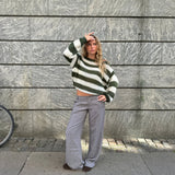 Women's Oversized Striped Jumper in Chunky Knit with Boat Neck and Dropped Shoulders