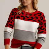 Women's Leopard Print Knitted Jumper with Colour Block Stripes, Crew Neck and Ribbed Cuffs
