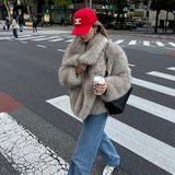 Women's Cropped Faux Fur Coat with Oversized Wide Lapel for Autumn and Winter