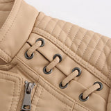 Women's Faux Leather Biker Jacket with Lace Up Shoulders and Stand Collar