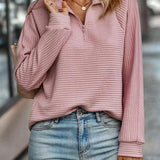 Women's Ribbed Half Zip Jumper with Zip Up Stand Collar, Textured Sweater with Raglan Sleeves