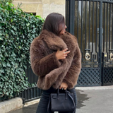 Women's Cropped Faux Fur Coat with Oversized Wide Lapel for Autumn and Winter