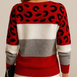 Women's Leopard Print Knitted Jumper with Colour Block Stripes, Crew Neck and Ribbed Cuffs