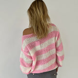 Women's Oversized Striped Jumper in Chunky Knit with Boat Neck and Dropped Shoulders