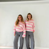 Women's Oversized Striped Jumper in Chunky Knit with Boat Neck and Dropped Shoulders