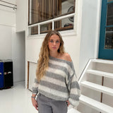 Women's Oversized Striped Jumper in Chunky Knit with Boat Neck and Dropped Shoulders