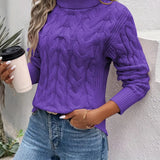Women's Cable Knit Polo Neck Jumper with Ribbed Cuffs and Slightly Fitted Shape