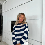 Women's Oversized Striped Jumper in Chunky Knit with Boat Neck and Dropped Shoulders