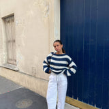 Women's Oversized Striped Jumper in Chunky Knit with Boat Neck and Dropped Shoulders