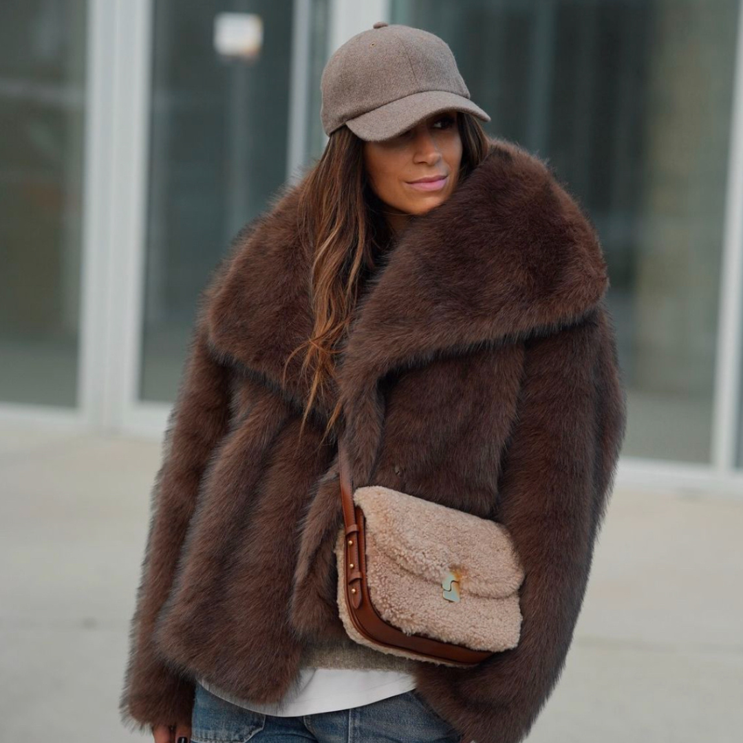 Women's Cropped Faux Fur Coat with Oversized Wide Lapel for Autumn and Winter