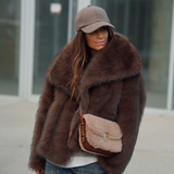 Women's Cropped Faux Fur Coat with Oversized Wide Lapel for Autumn and Winter