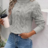Women's Cable Knit Polo Neck Jumper with Ribbed Cuffs and Slightly Fitted Shape
