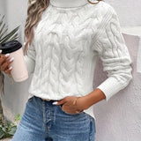 Women's Cable Knit Polo Neck Jumper with Ribbed Cuffs and Slightly Fitted Shape