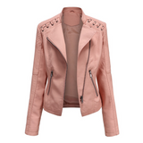 Women's Faux Leather Biker Jacket with Lace Up Shoulders and Stand Collar