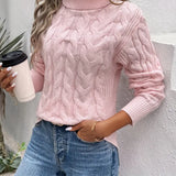 Women's Cable Knit Polo Neck Jumper with Ribbed Cuffs and Slightly Fitted Shape