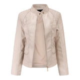 Women's Faux Leather Biker Jacket with Stand Collar, Quilted Shoulders and Zip Pockets
