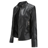 Women's Faux Leather Biker Jacket with Stand Collar, Quilted Shoulders and Zip Pockets