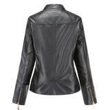 Women's Faux Leather Biker Jacket with Stand Collar, Quilted Shoulders and Zip Pockets