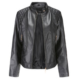 Women's Faux Leather Biker Jacket with Stand Collar, Quilted Shoulders and Zip Pockets