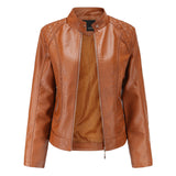 Women's Faux Leather Biker Jacket with Stand Collar, Quilted Shoulders and Zip Pockets