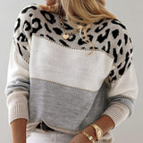 Women's Leopard Print Knitted Jumper with Colour Block Stripes, Crew Neck and Ribbed Cuffs