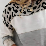 Women's Leopard Print Knitted Jumper with Colour Block Stripes, Crew Neck and Ribbed Cuffs