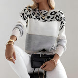 Women's Leopard Print Knitted Jumper with Colour Block Stripes, Crew Neck and Ribbed Cuffs