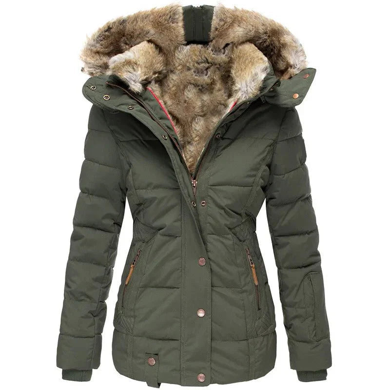 Women's Puffer Jacket with Faux Fur Lined Hood, Quilted and Fitted for Winter