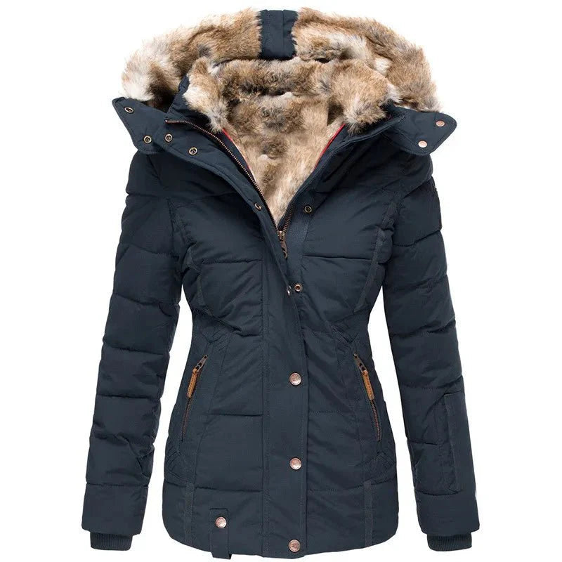 Women's Puffer Jacket with Faux Fur Lined Hood, Quilted and Fitted for Winter
