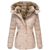 Women's Puffer Jacket with Faux Fur Lined Hood, Quilted and Fitted for Winter