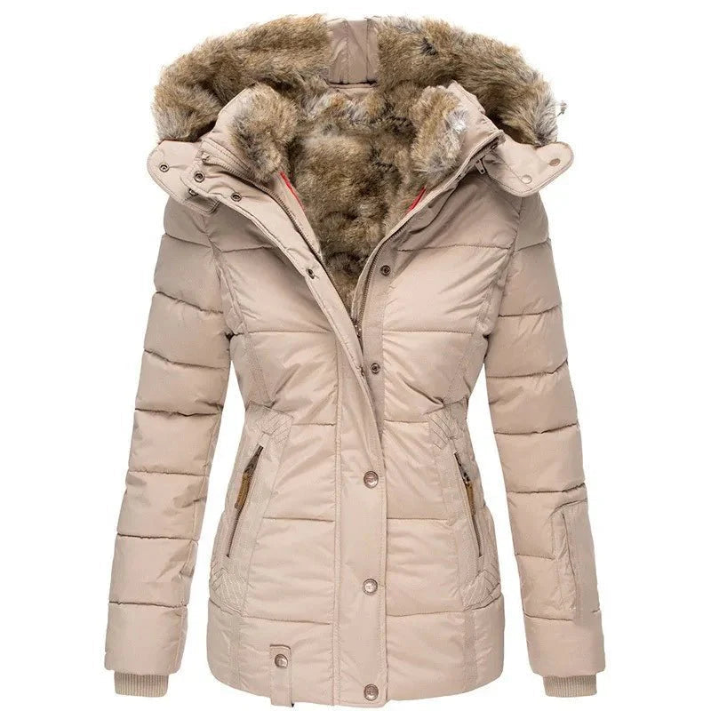 Women's Puffer Jacket with Faux Fur Lined Hood, Quilted and Fitted for Winter