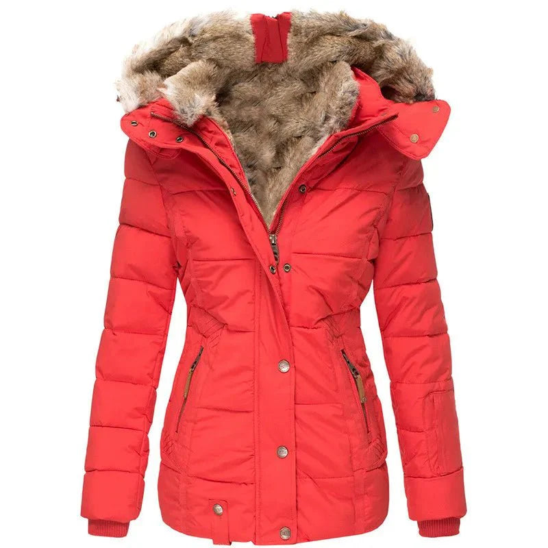 Women's Puffer Jacket with Faux Fur Lined Hood, Quilted and Fitted for Winter