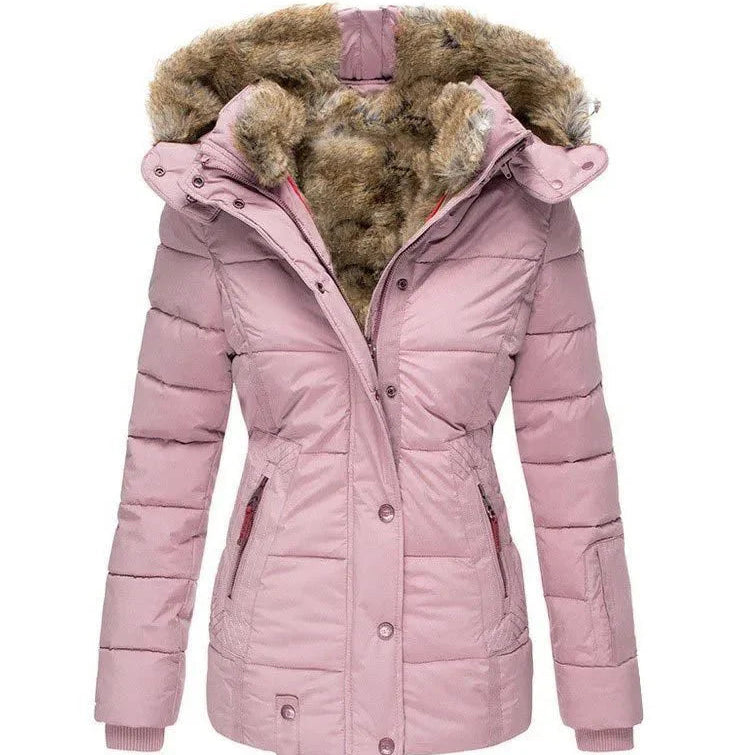 Women's Puffer Jacket with Faux Fur Lined Hood, Quilted and Fitted for Winter