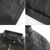 Women's Faux Leather Biker Jacket with Stand Collar, Quilted Shoulders and Zip Pockets