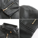Women's Faux Leather Biker Jacket with Stand Collar, Quilted Shoulders and Zip Pockets