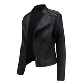 Women's Faux Leather Biker Jacket with Lace Up Shoulders and Stand Collar