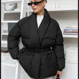 Women's Belted Goose Down Puffer Coat with Elastic Waist and Patch Pockets, Fully Lined