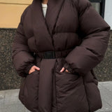 Women's Belted Goose Down Puffer Coat with Elastic Waist and Patch Pockets, Fully Lined