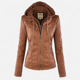 Women's Hooded Faux Leather Jacket, Biker Style with Drawstring Hood and Zip Pockets