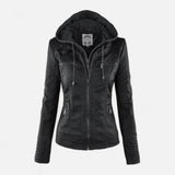 Women's Hooded Faux Leather Jacket, Biker Style with Drawstring Hood and Zip Pockets