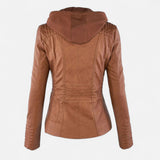 Women's Hooded Faux Leather Jacket, Biker Style with Drawstring Hood and Zip Pockets