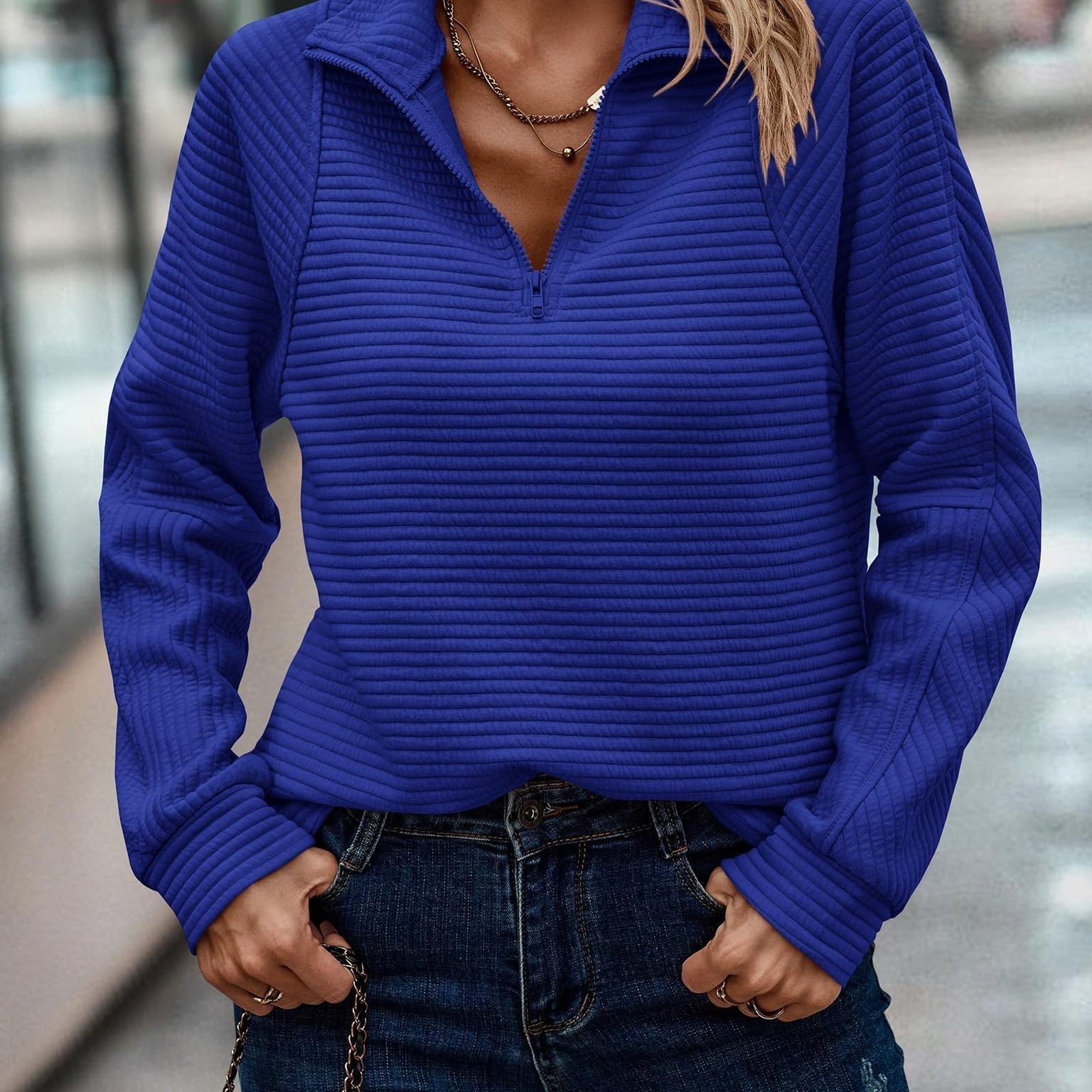 Women's Ribbed Half Zip Jumper with Zip Up Stand Collar, Textured Sweater with Raglan Sleeves