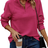 Women's Ribbed Half Zip Jumper with Zip Up Stand Collar, Textured Sweater with Raglan Sleeves