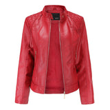 Women's Faux Leather Biker Jacket with Stand Collar, Quilted Shoulders and Zip Pockets