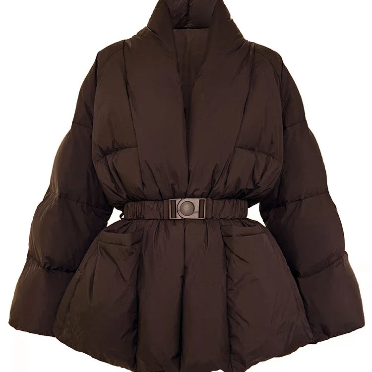 Women's Belted Goose Down Puffer Coat with Elastic Waist and Patch Pockets, Fully Lined