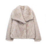 Women's Cropped Faux Fur Coat with Oversized Wide Lapel for Autumn and Winter