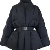 Women's Belted Goose Down Puffer Coat with Elastic Waist and Patch Pockets, Fully Lined