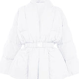 Women's Belted Goose Down Puffer Coat with Elastic Waist and Patch Pockets, Fully Lined