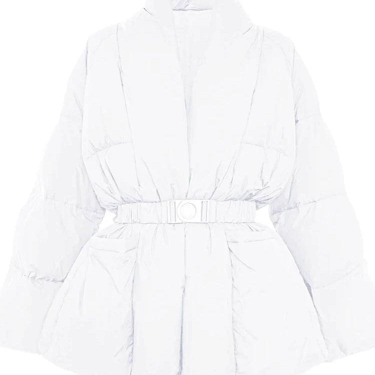 Women's Belted Goose Down Puffer Coat with Elastic Waist and Patch Pockets, Fully Lined